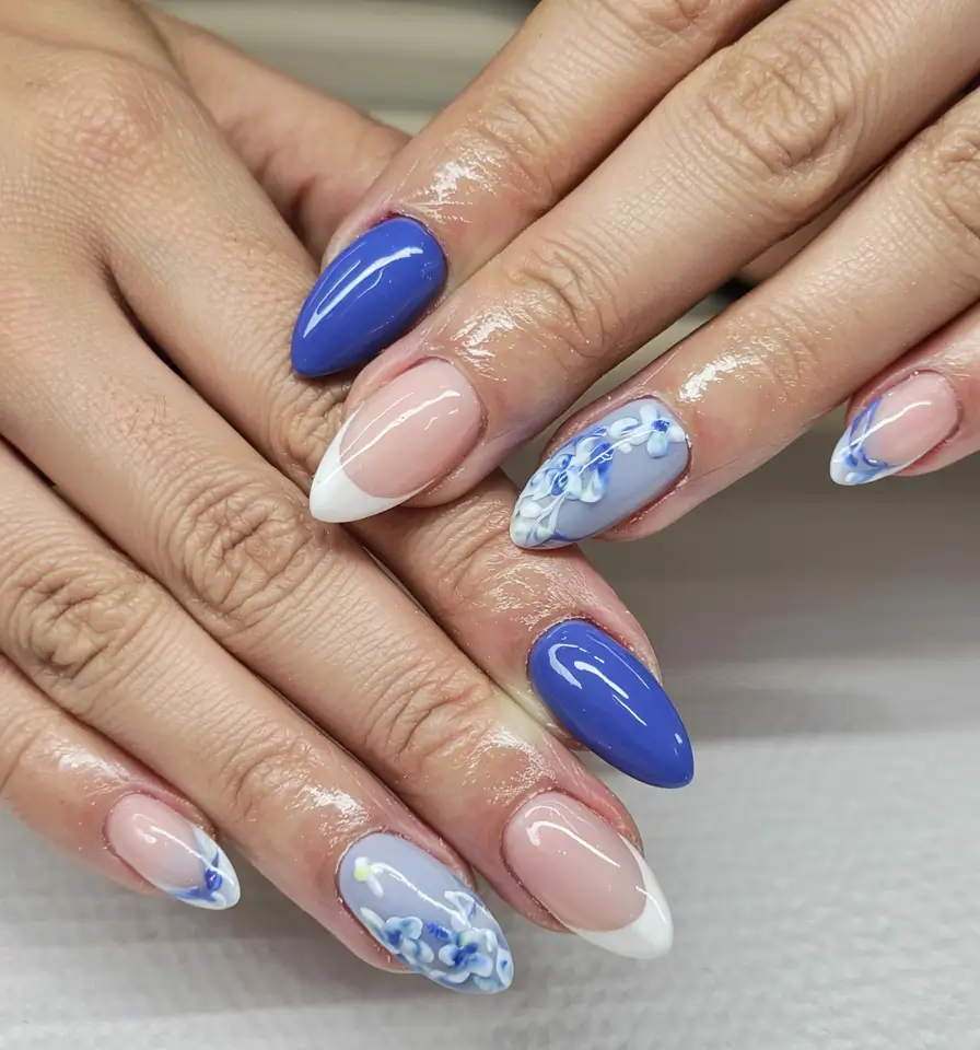 acrylic nails and color ideas winter 2025 2026 Frosted Blue Blossom