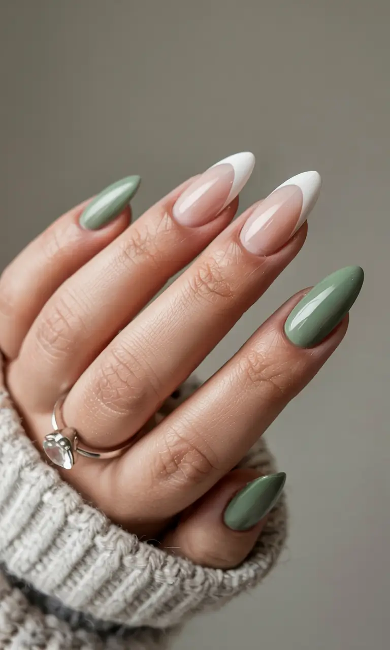 acrylic nails and color ideas winter 2025 2026 Frost-Tipped Olive Elegance