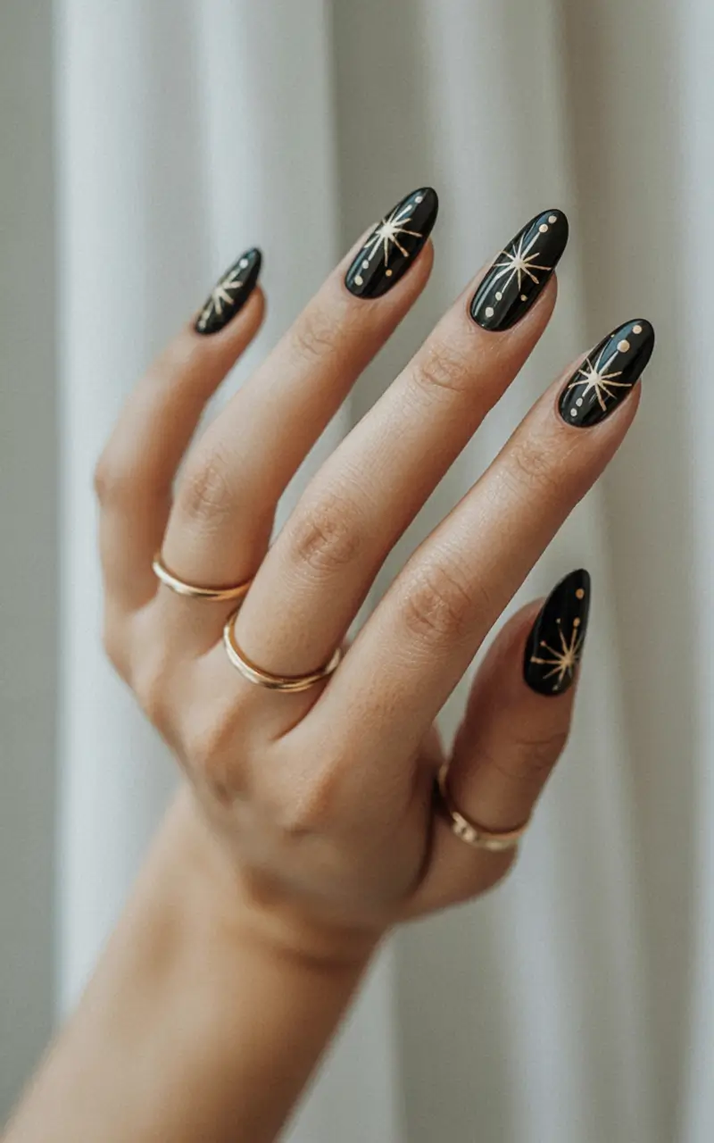 almond nails and color ideas winter 2025 2026 Golden Starlight Noir
