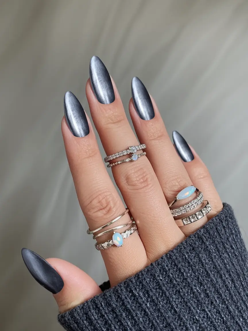 almond nails and color ideas winter 2025 2026 Steel Moon Magnetism
