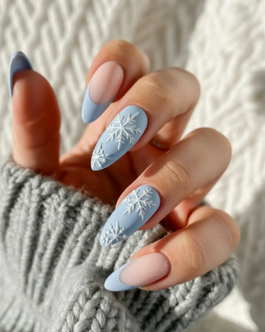 almond nails and color ideas winter 2025 2026 Frosty Blue Snowflake Charm