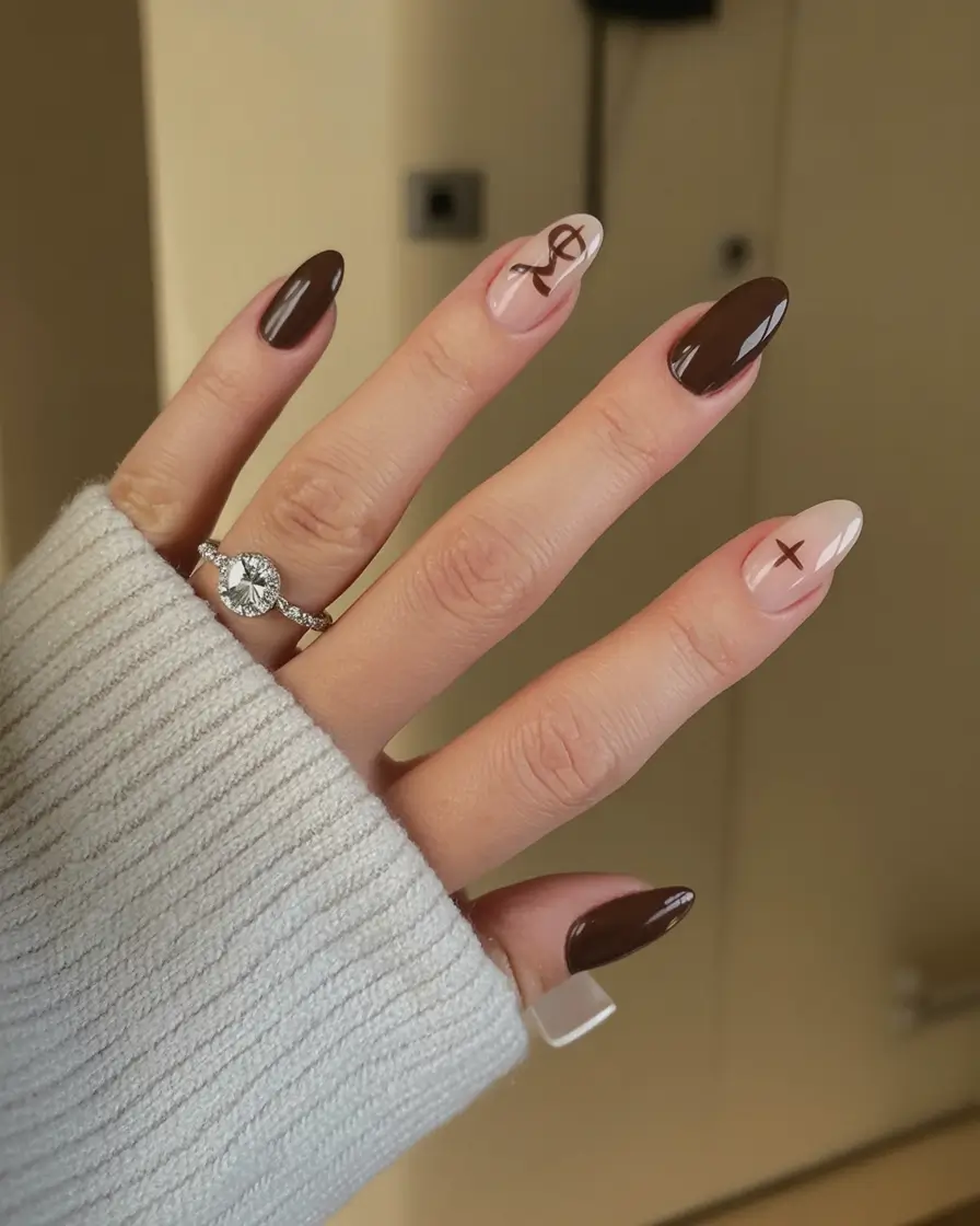 almond nails and color ideas winter 2025 2026 Cocoa Letter Luxe