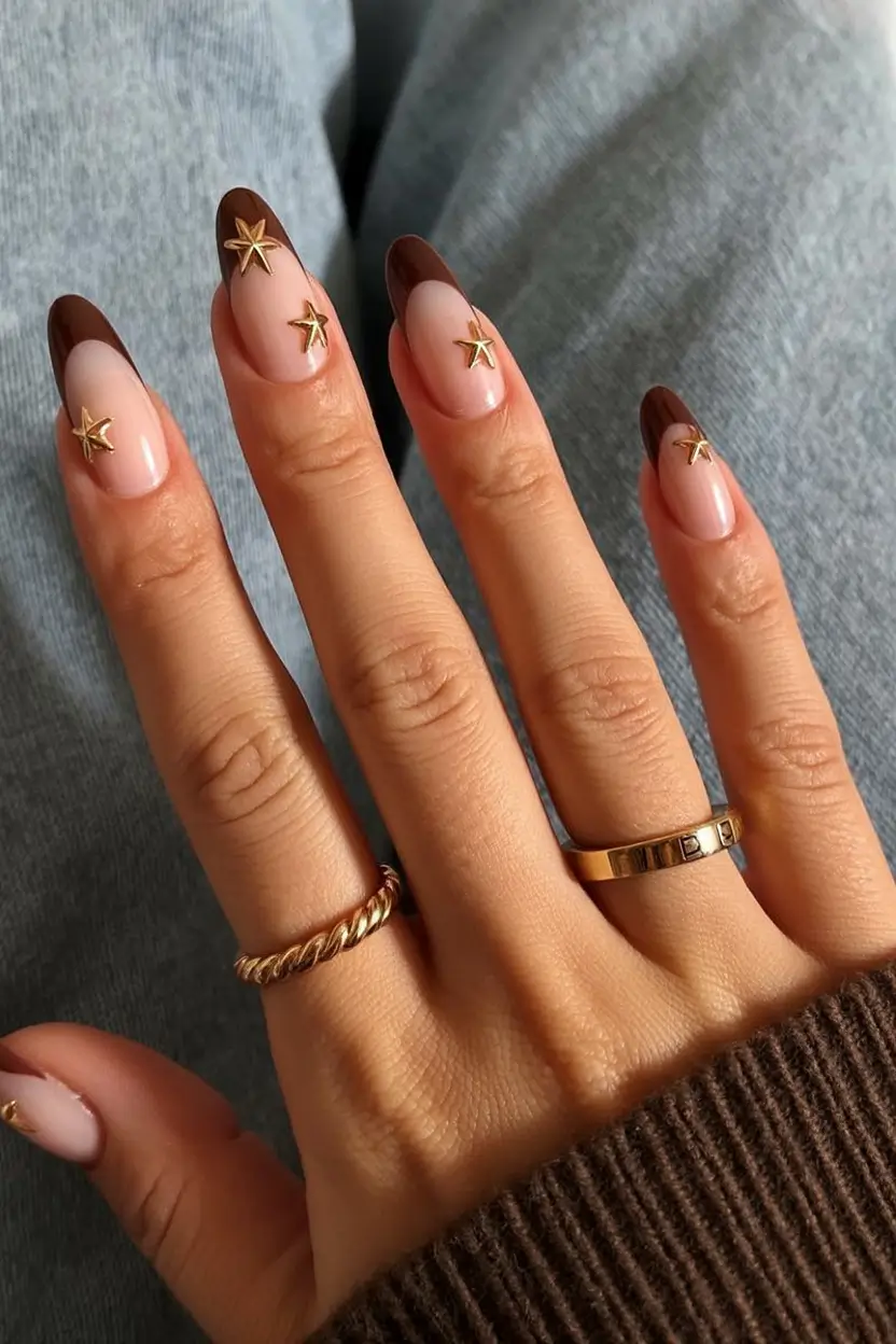 almond nails and color ideas winter 2025 2026 Golden Star Cocoa Glam