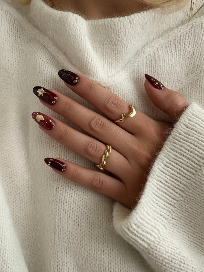 almond nails and color ideas winter 2025 2026 Celestial Burgundy Dreams