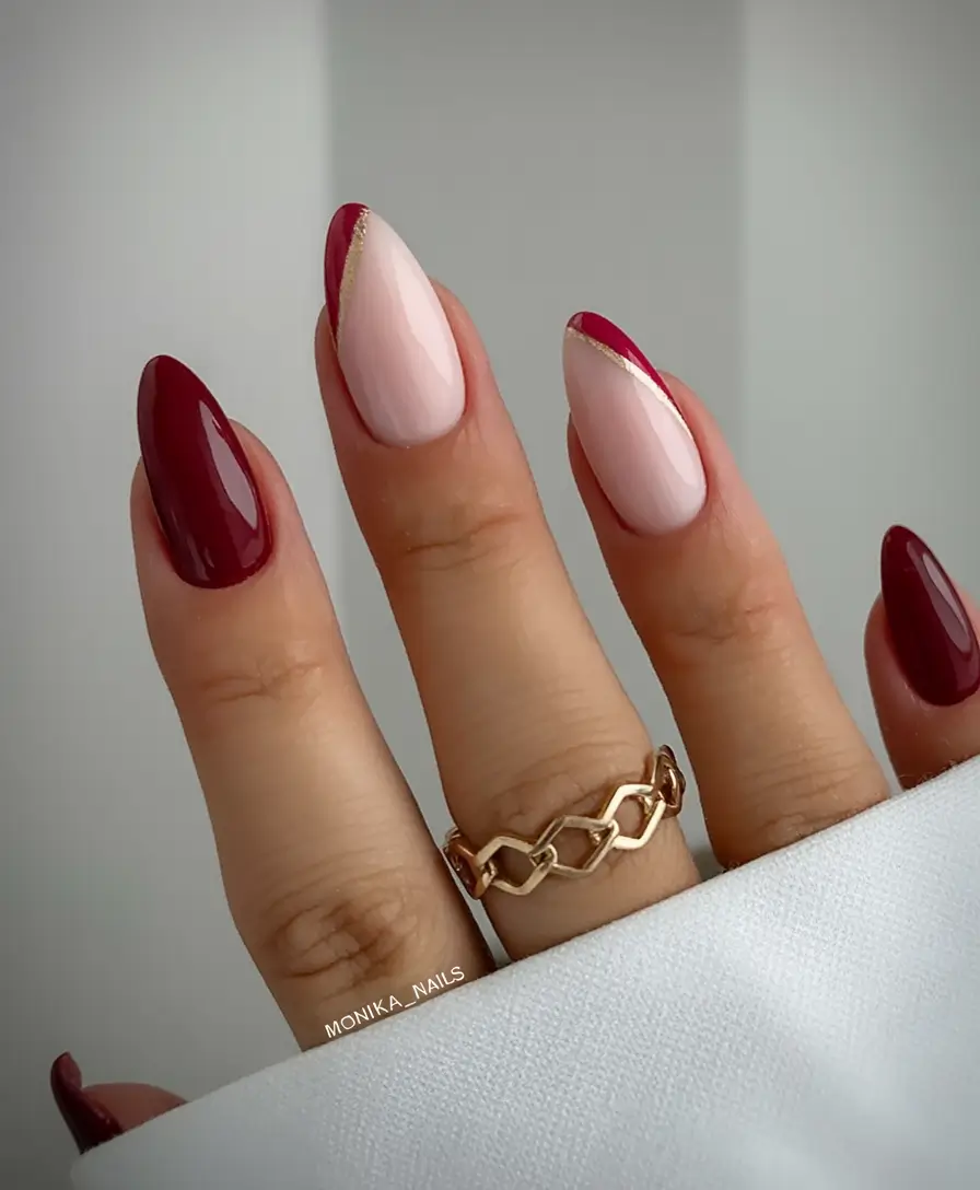 almond nails and color ideas winter 2025 2026 Crimson & Blush Elegance