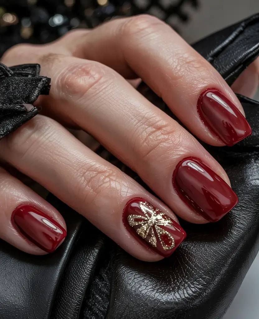 Best Gel Nails Christmas 2025 Midnight Ribbon Glam