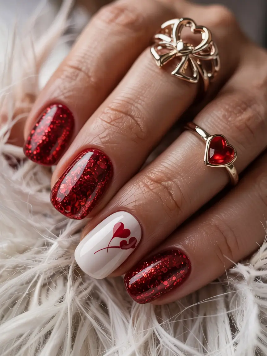 Best Gel Nails Christmas 2025 Red Hearts and Glitter Frost