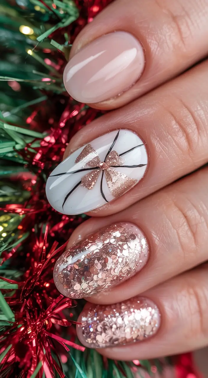 Best Gel Nails Christmas 2025 Champagne & Bow Luxe