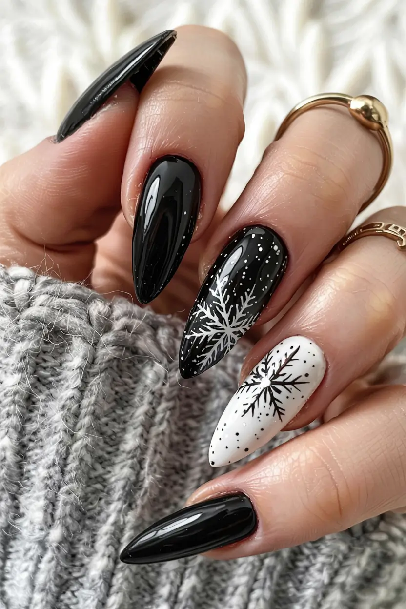 Black Christmas Nails 2025 Monochrome Snow Whisper