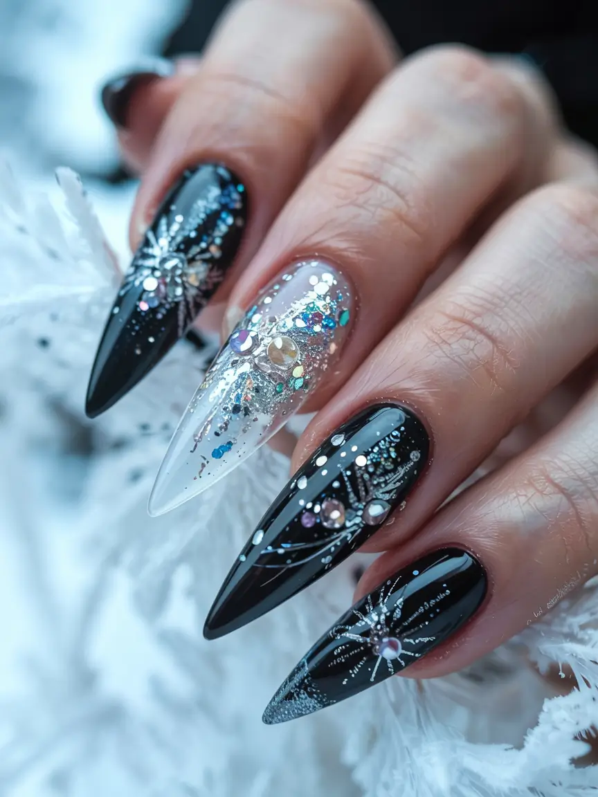 Black Christmas Nails 2025 Crystal Frost Fantasy