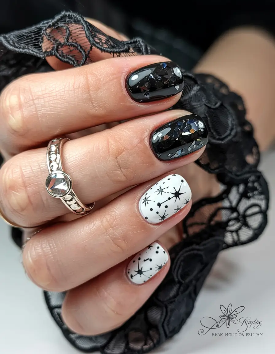Black Christmas Nails 2025 Black Lace & Constellations