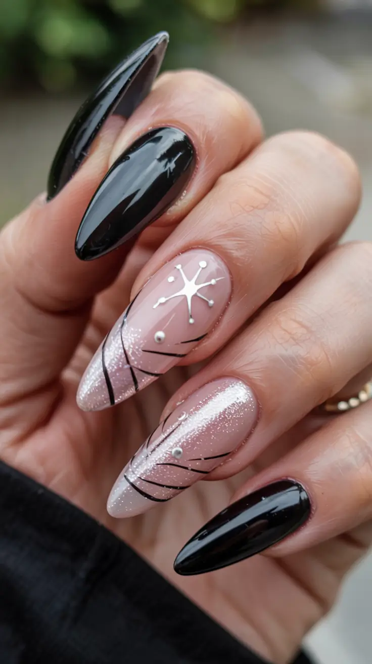 Black Christmas Nails 2025 Glam Starlit French