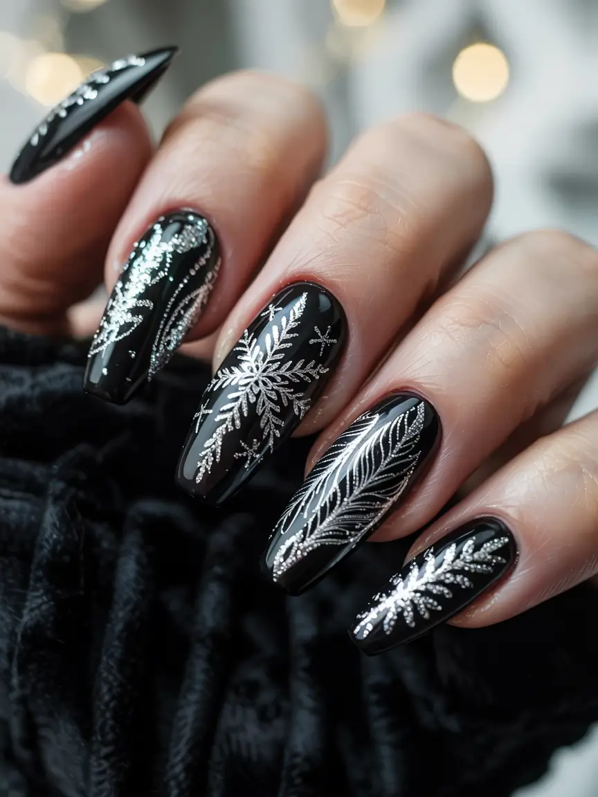 Black Christmas Nails 2025 Frosted Fern Elegance