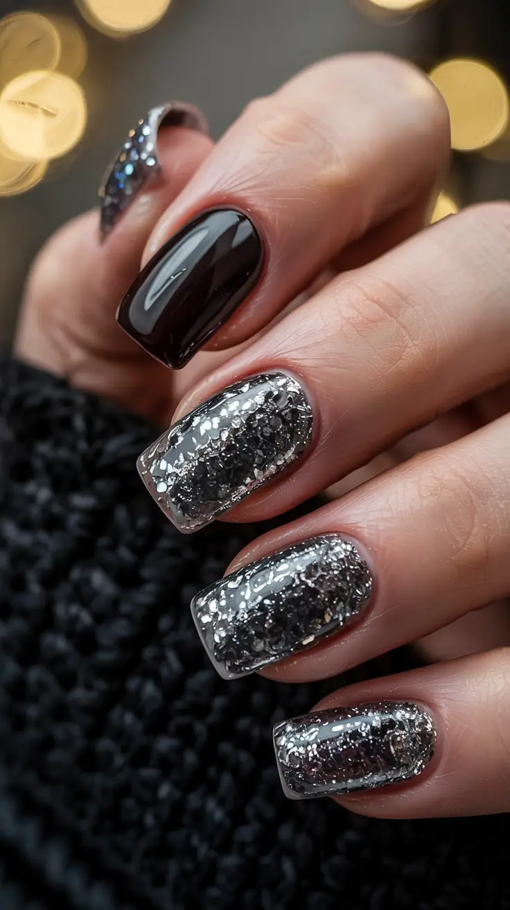 Black Christmas Nails 2025 Silver Spark Glam