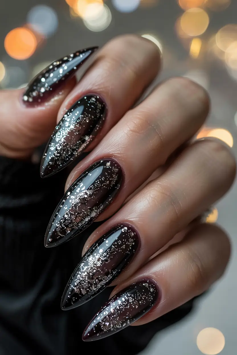 Black Christmas Nails 2025 Silver Dusk Ombre