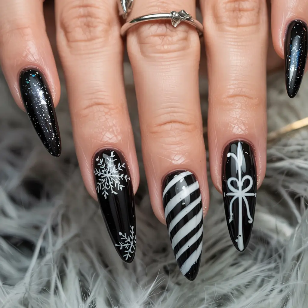 Black Christmas Nails 2025 Winter Ribbon Glam