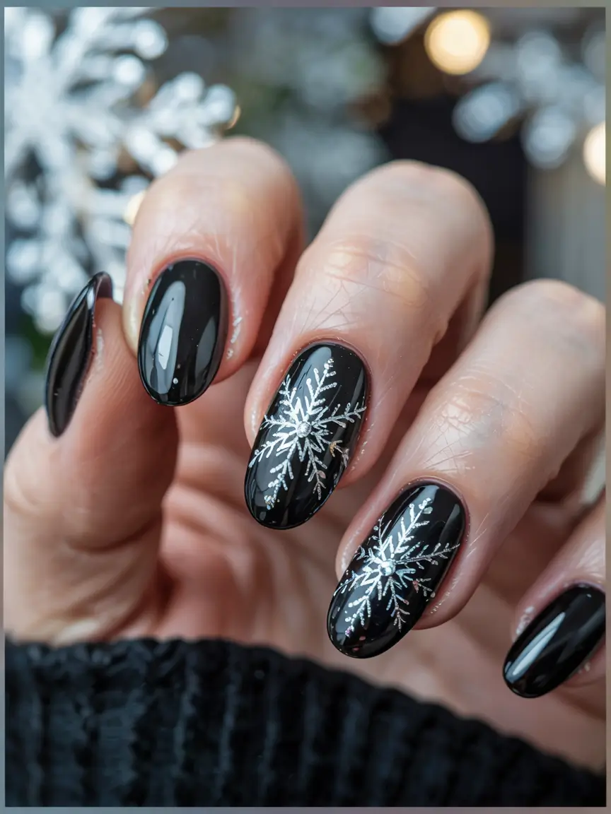 Black Christmas Nails 2025 Snowflake Glow