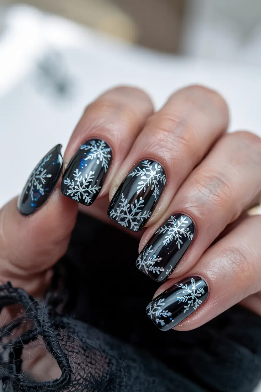 Black Christmas Nails 2025 Shimmering Midnight Snow