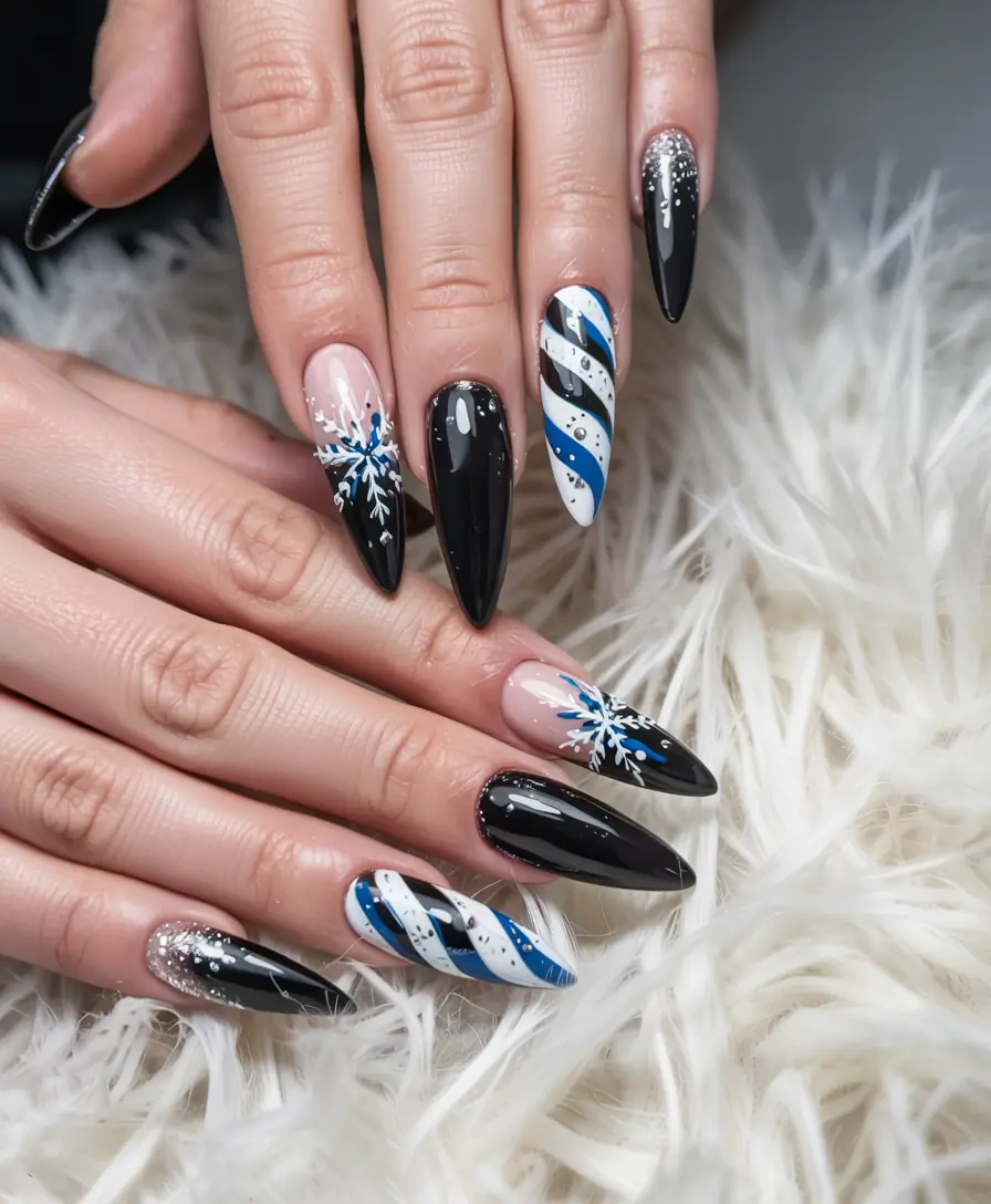 Black Christmas Nails 2025 Nordic Frost & Blue Nights
