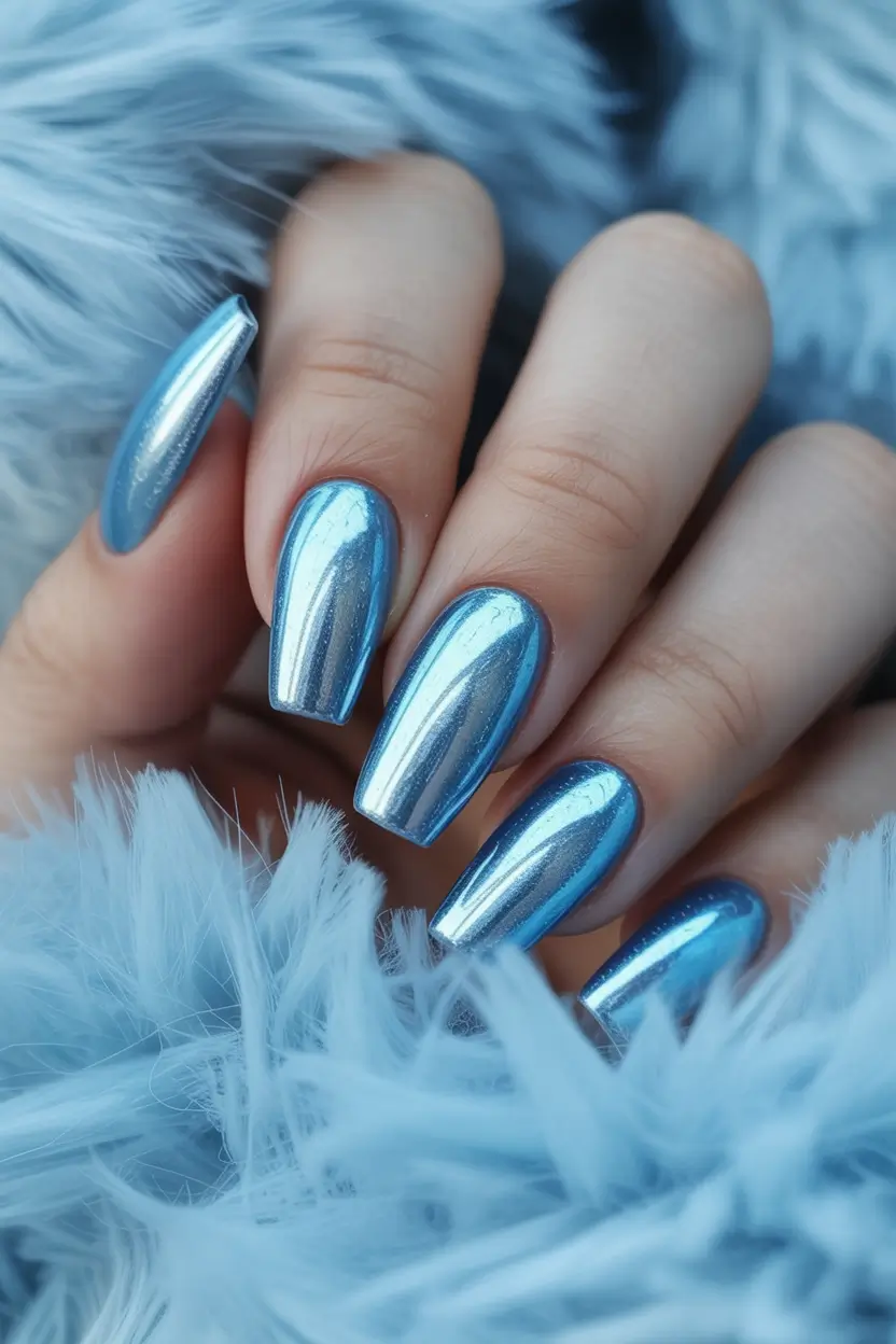 blue nail trends for winter 2025 2026 Blue Chrome Mirage