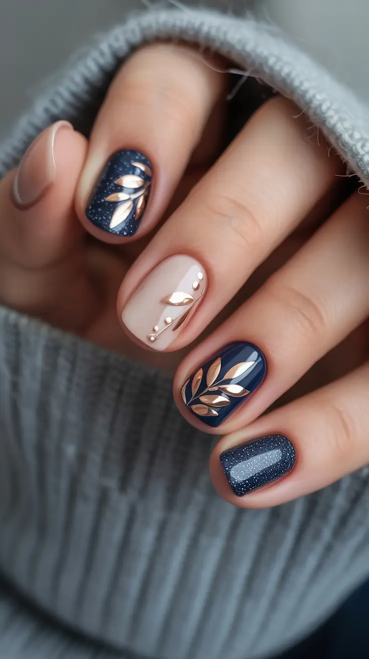 blue nail trends for winter 2025 2026 Golden Frost Leaf
