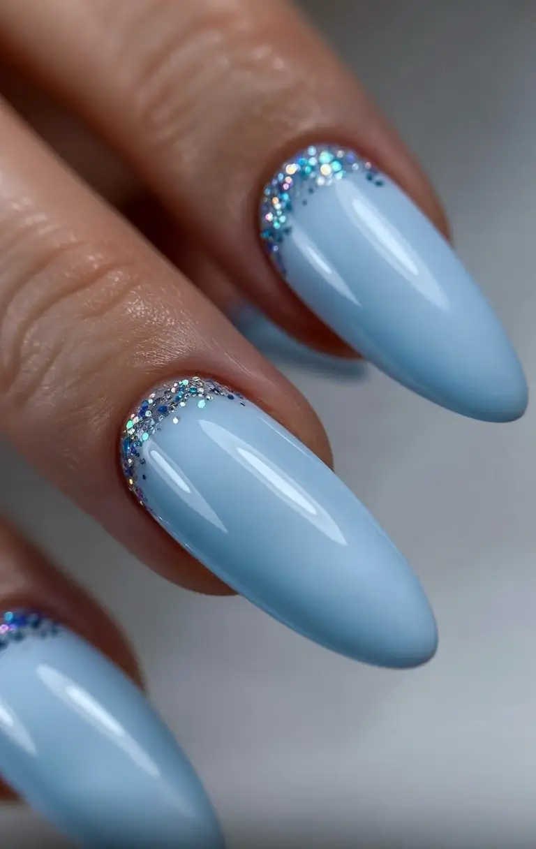 blue nail trends for winter 2025 2026 Arctic Halo French