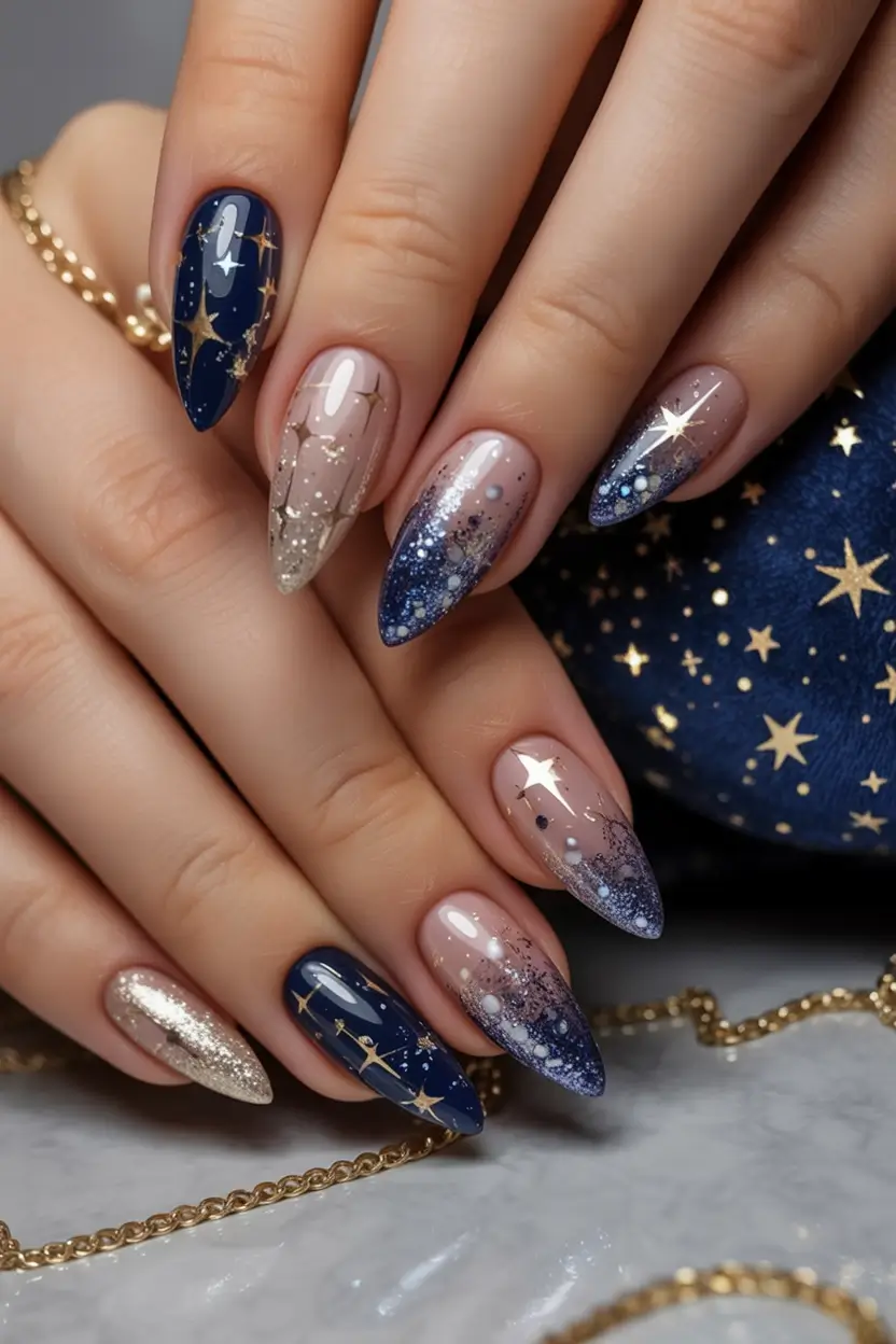 blue nail trends for winter 2025 2026 Starry Constellation Glam