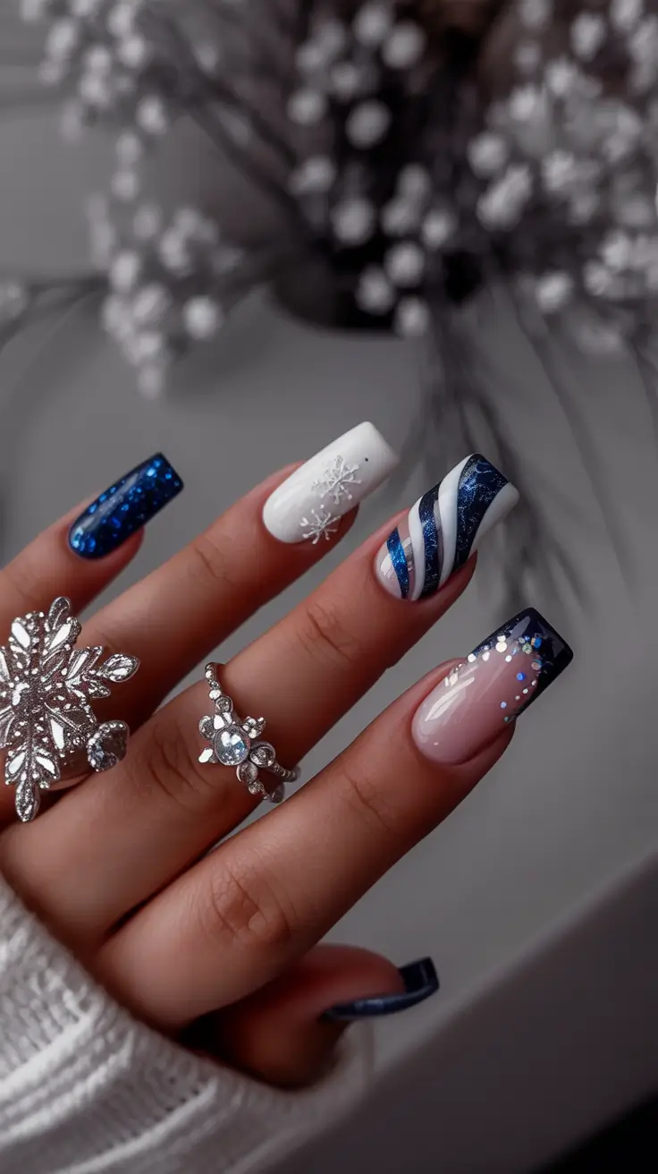 blue nail trends for winter 2025 2026 Frosted Candy Stripes