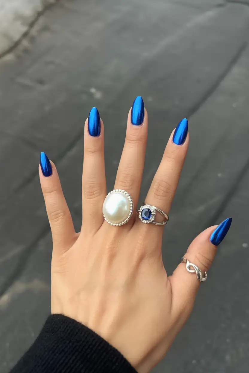blue nail trends for winter 2025 2026 Cobalt Chrome Confidence
