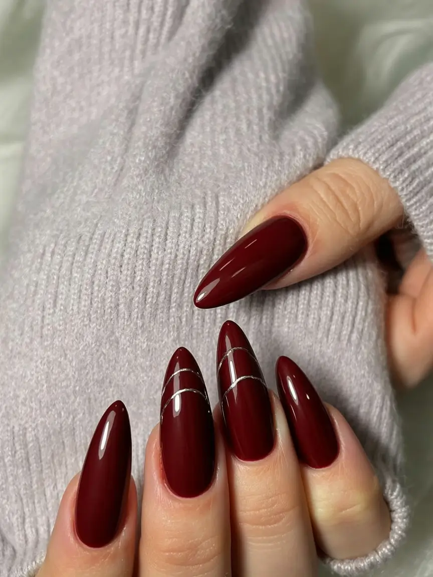 burgundy winter nails colors 2025 2026 Silver-Thread Elegance