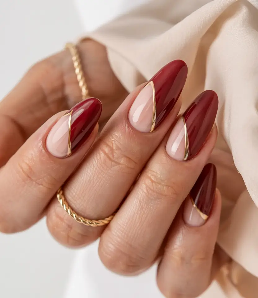 burgundy winter nails colors 2025 2026 Gold-Trimmed Elegance