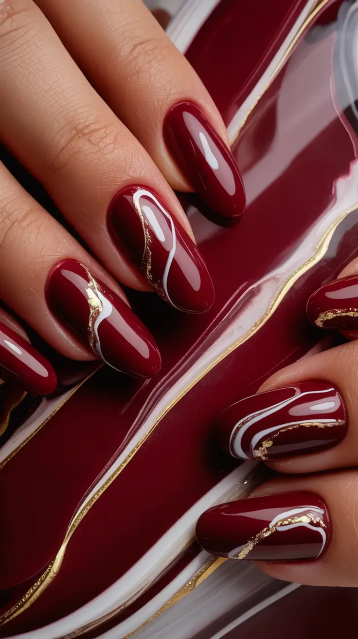 burgundy winter nails colors 2025 2026 Gilded Marble