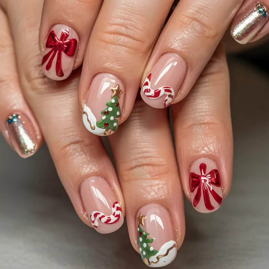 Chic Tree Nail Designs Christmas 2025 Gift-Wrapped Joy