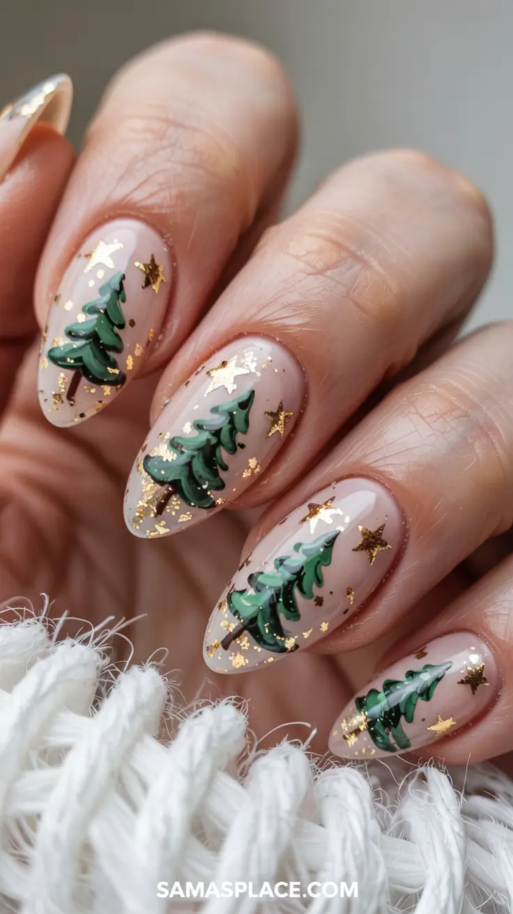 Chic Tree Nail Designs Christmas 2025 Golden Forest Dreams