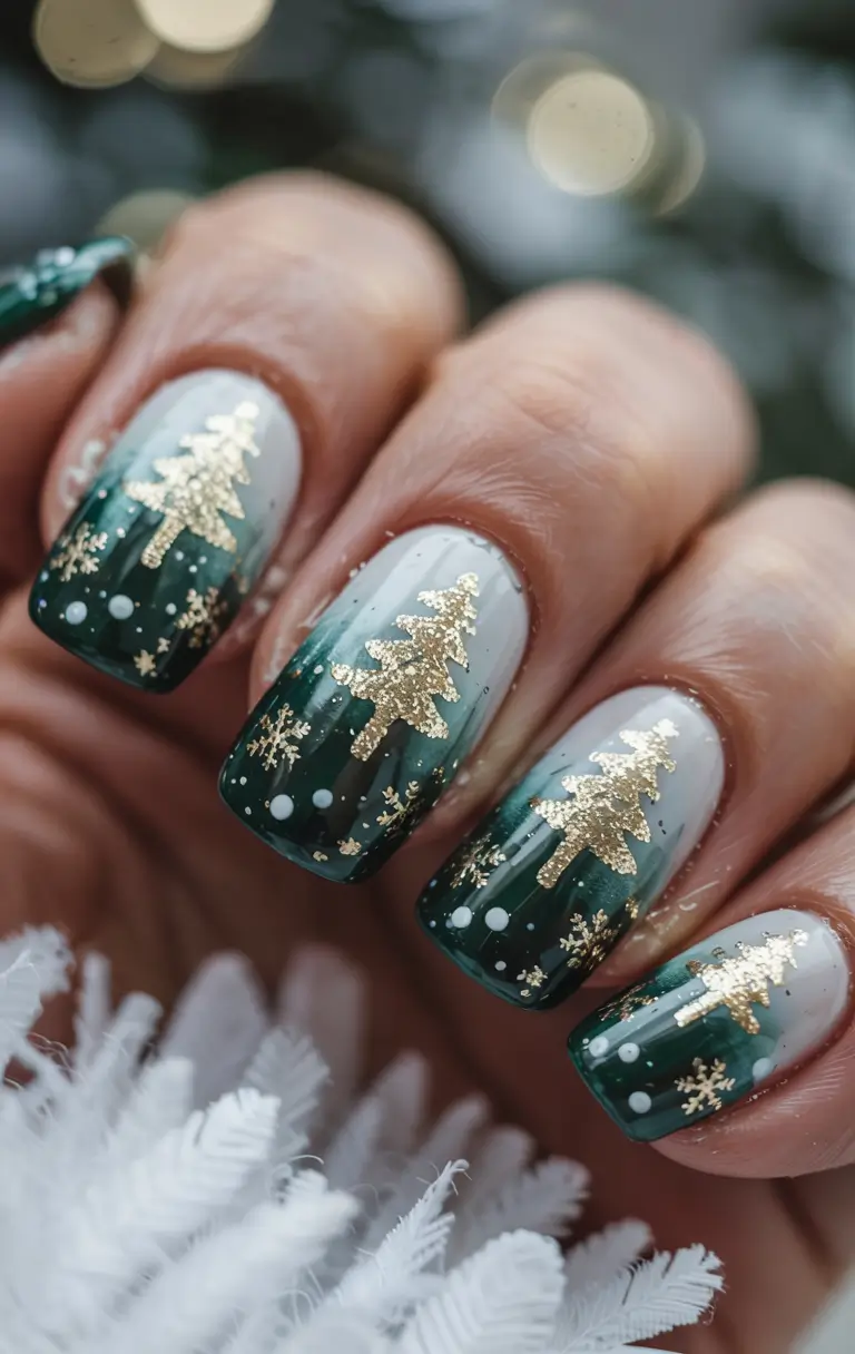 Chic Tree Nail Designs Christmas 2025 Golden Midnight Pines