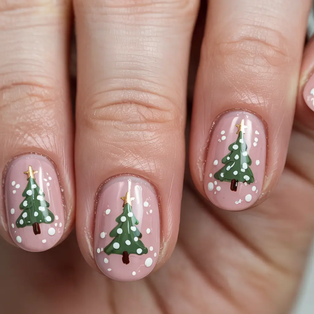 Chic Tree Nail Designs Christmas 2025 Soft Blush Pines