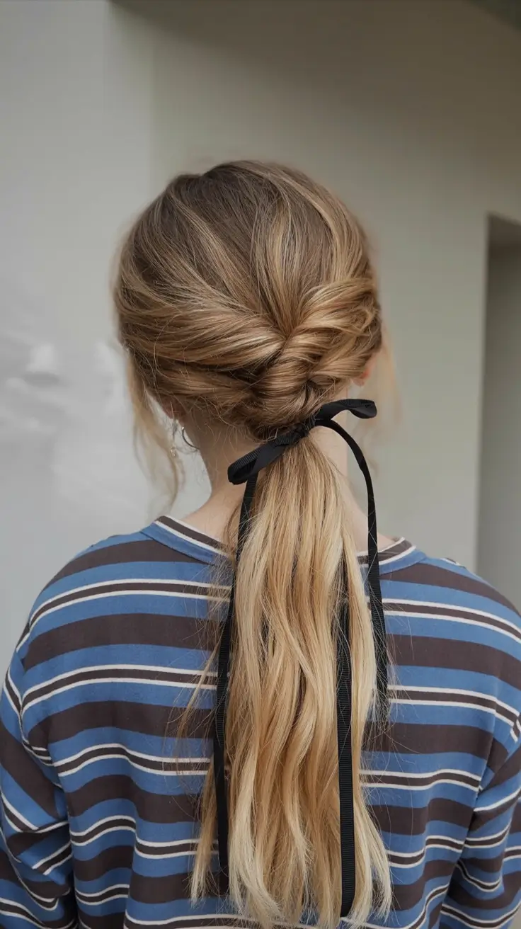 christmas hairstyles ideas 2025 Twisted Low Pony with Black Ribbon