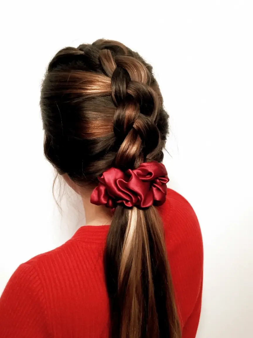 christmas hairstyles ideas 2025 Crimson Satin Braid