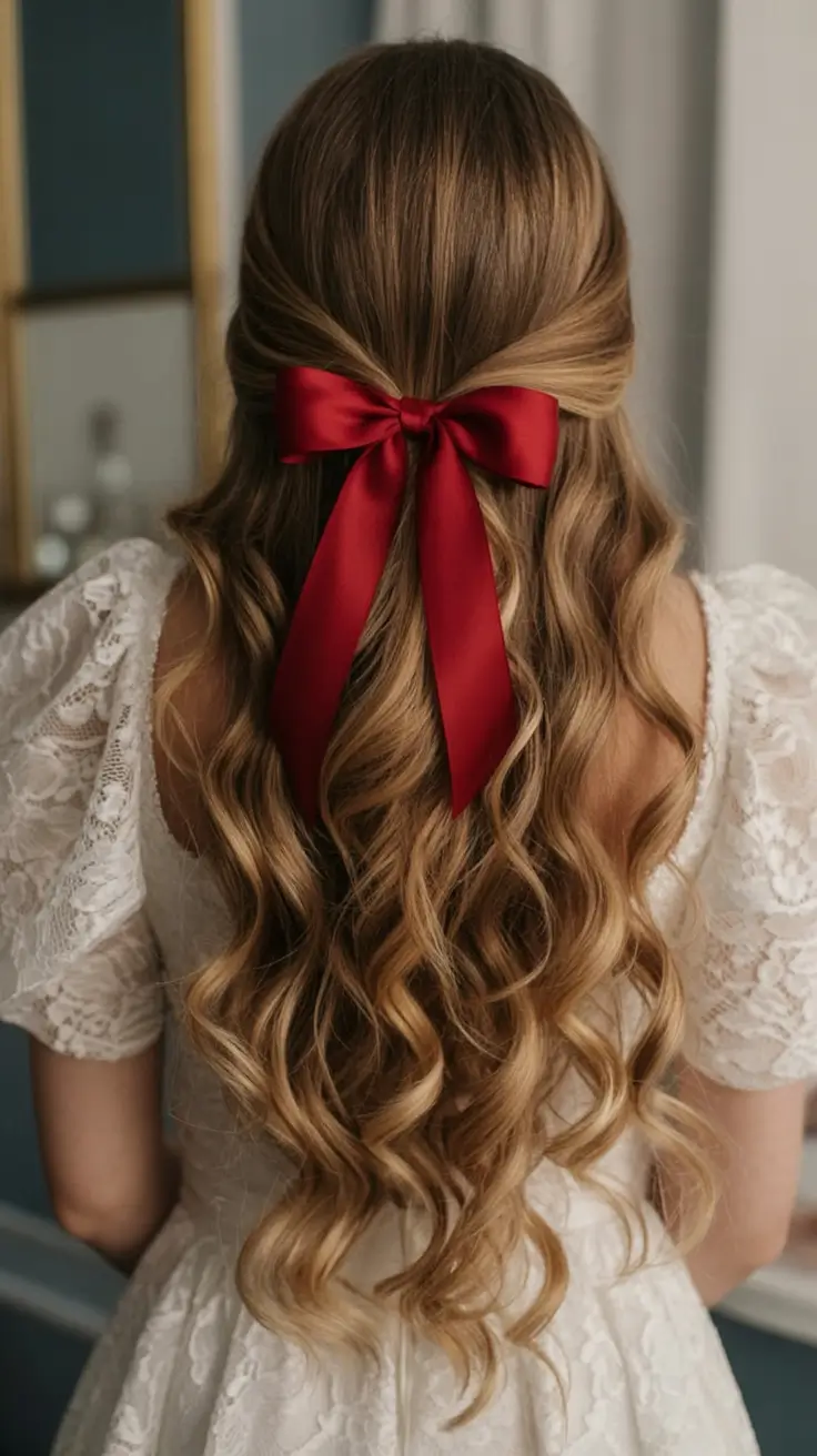 christmas hairstyles ideas 2025 Classic Red Bow Waves