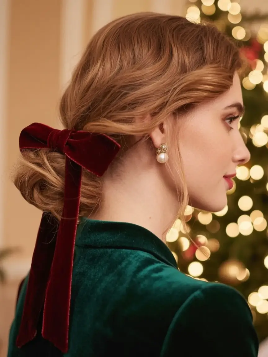 christmas hairstyles ideas 2025 Velvet Low Bun
