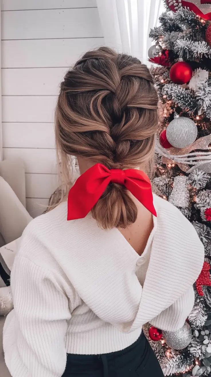 christmas hairstyles ideas 2025 Cozy French Braid with Bow