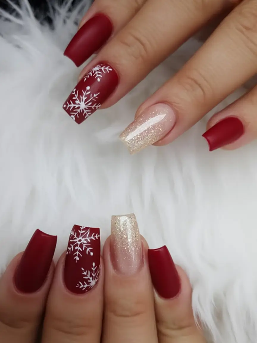 christmas nail art ideas 2025 Crimson Snowfall Perfection