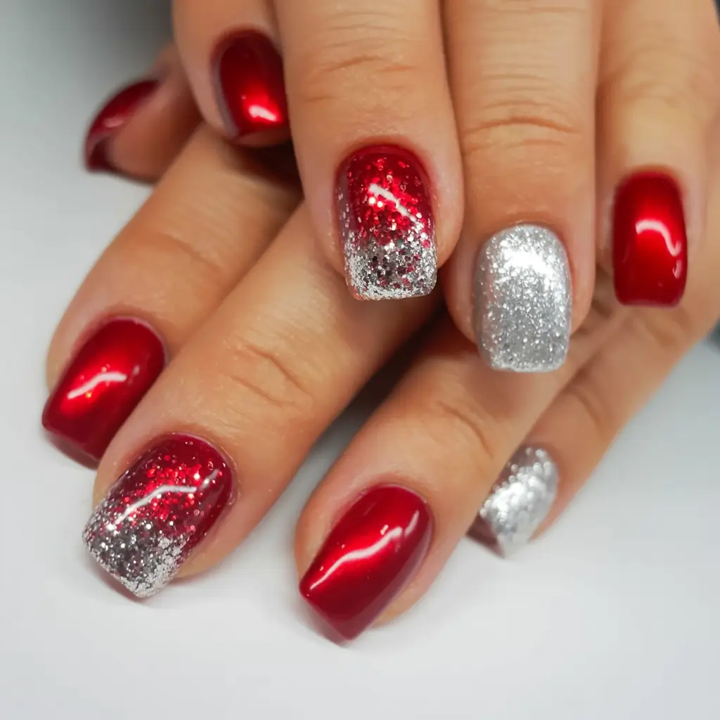 christmas nail art ideas 2025 Red & Silver Spark Fusion