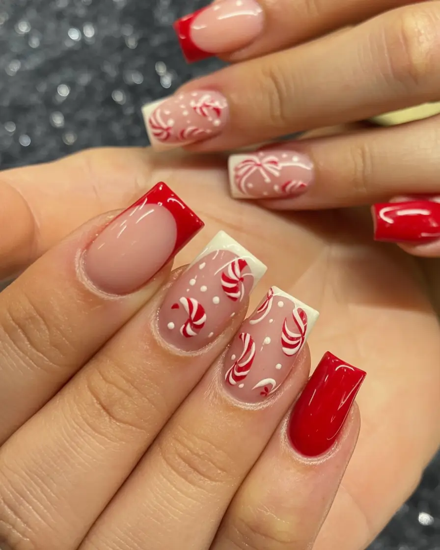 christmas nail art ideas 2025 Peppermint Pop French