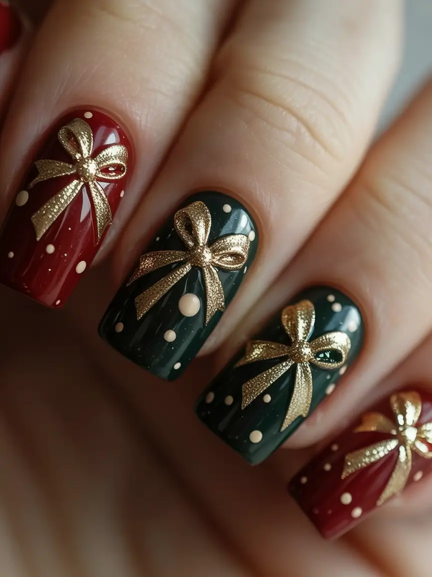 christmas nail art ideas 2025 Golden Bow Luxe