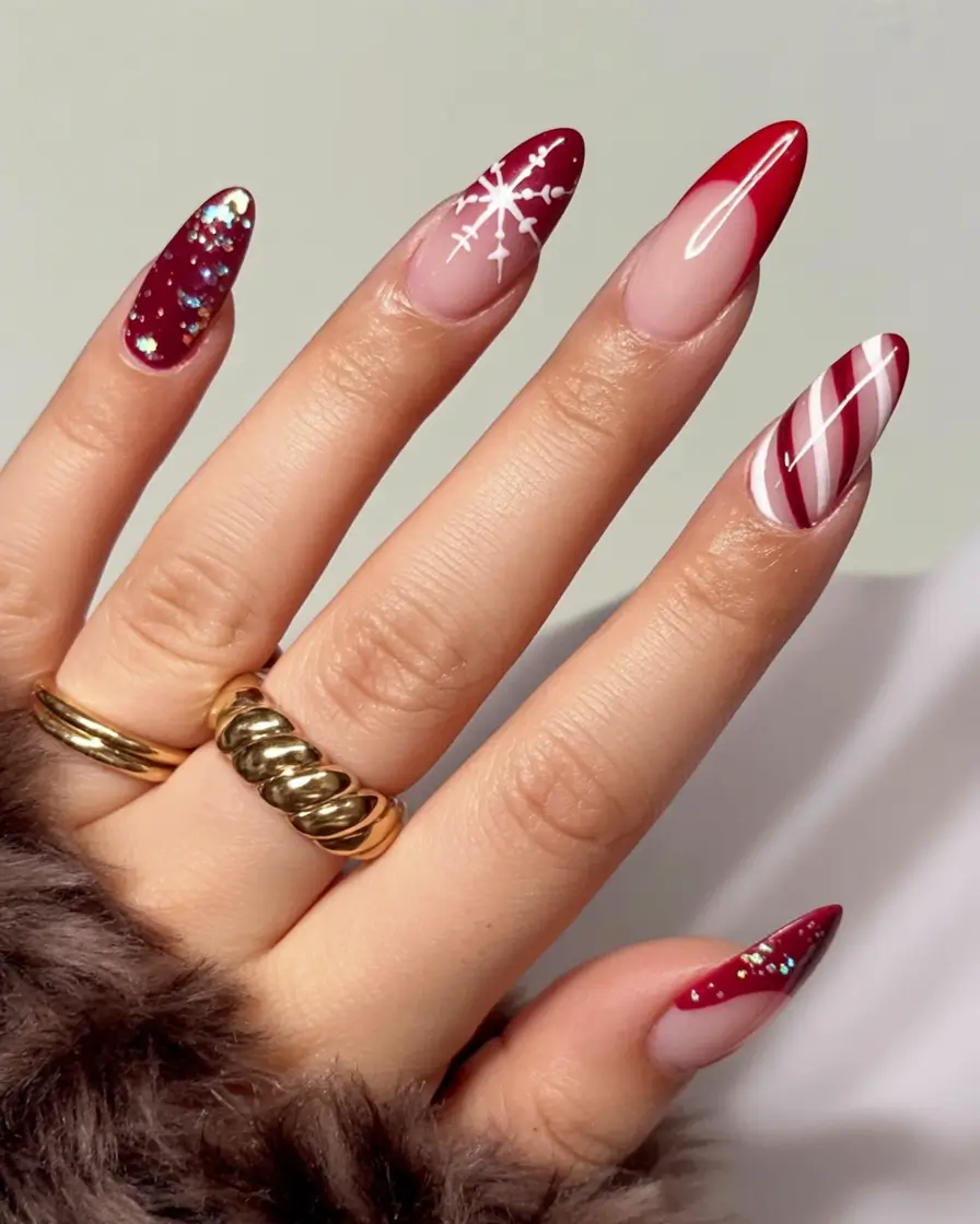 christmas nail art ideas 2025 Crimson Snow & Candy Stripes