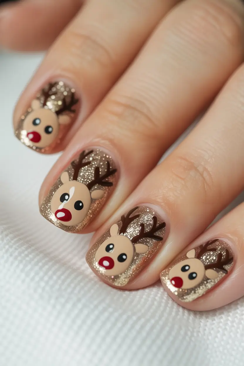 christmas nail art ideas 2025 Reindeer Sparkle Delight