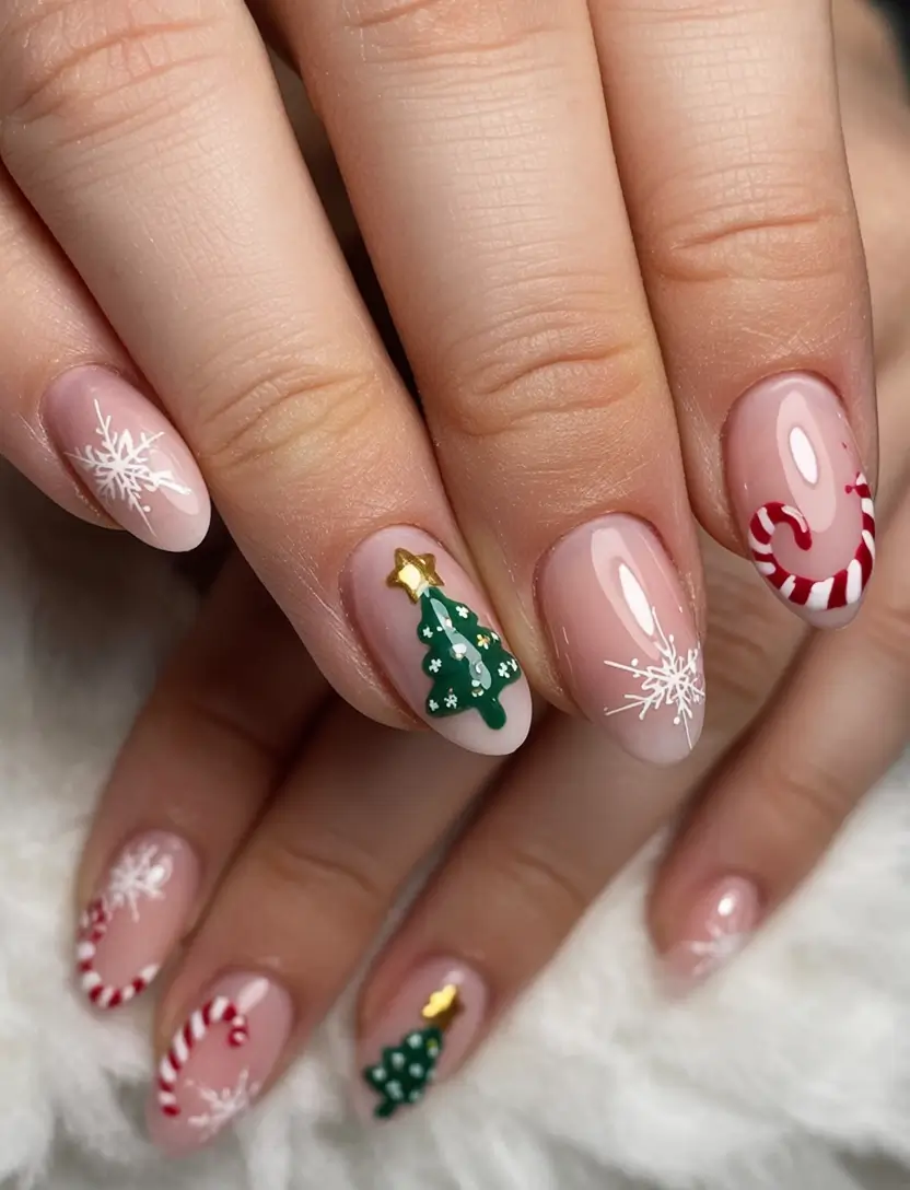 christmas nail art ideas 2025 Candy Cane & Snowflake Charm