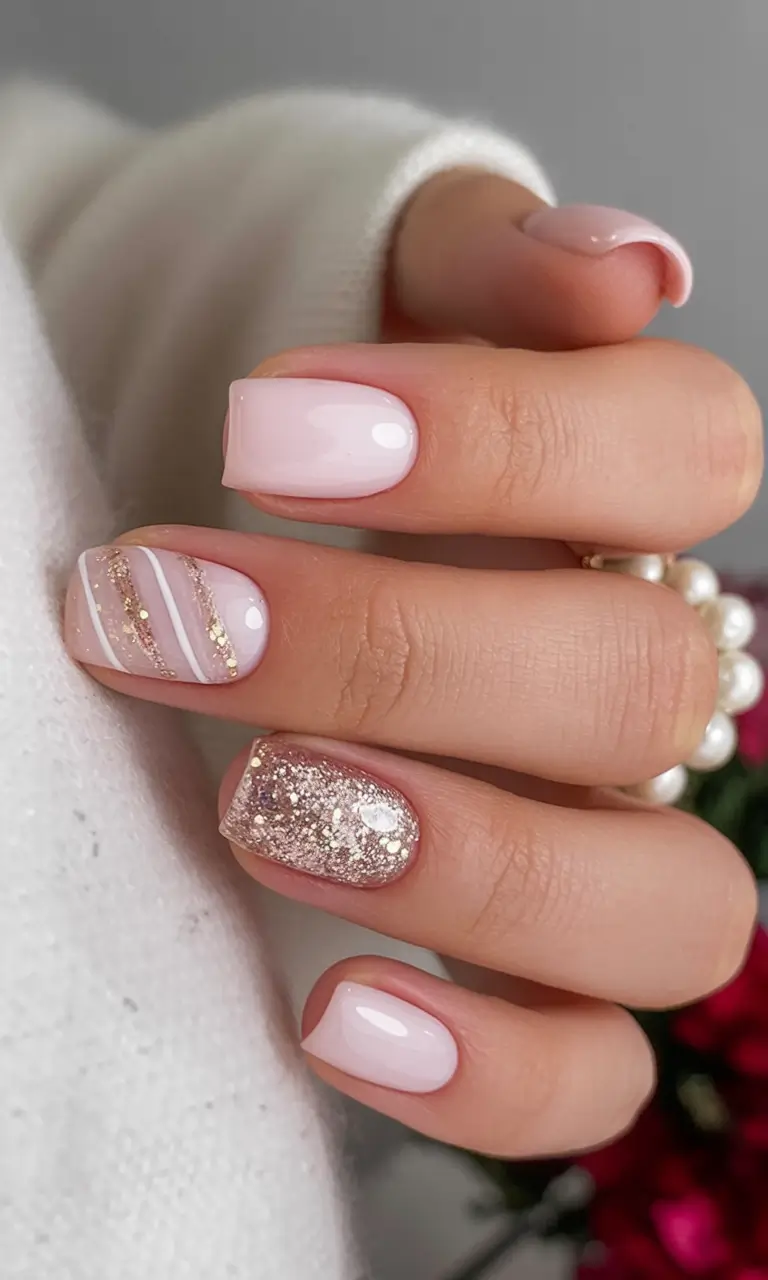 christmas nail art ideas 2025 Soft Rose Gold Christmas Dream
