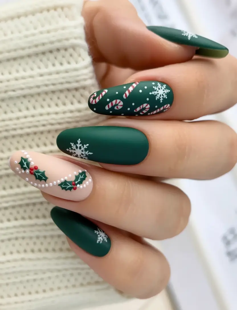 christmas nail art ideas 2025 Holly & Candy Cane Magic